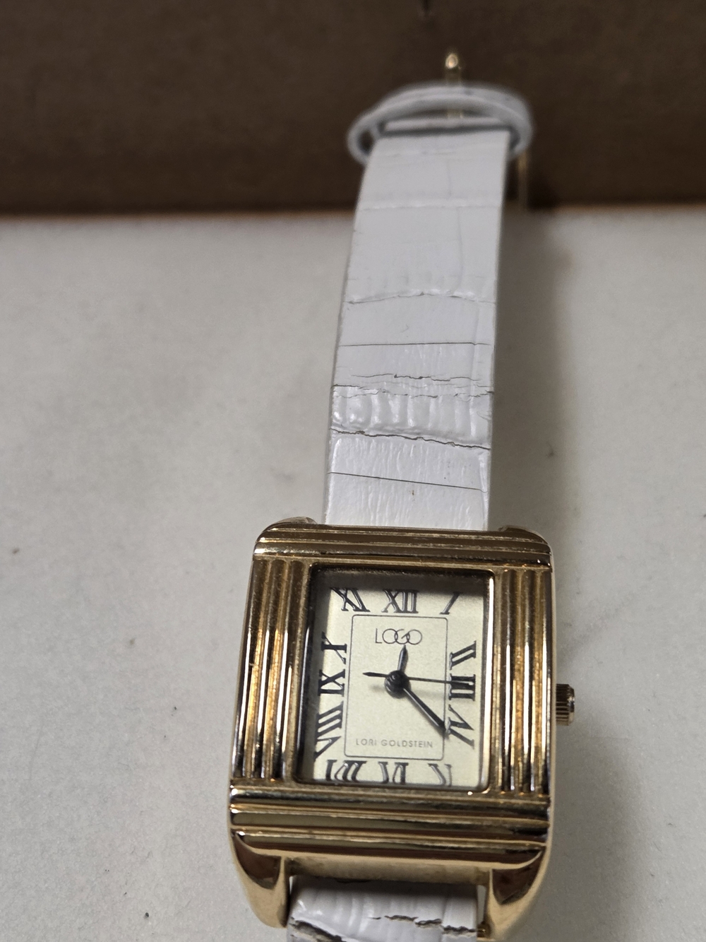 LOGO White Strap Gold-Tone Square Watch BY LORI GOLDSTEIN NEW BATTERY